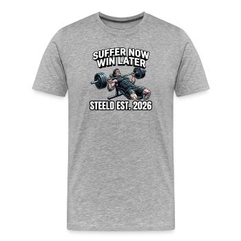 « SOUFFRE MAINTENANT GAGNE PLUS TARD » design fitness imprimé - T-shirt bio Premium Homme - gris chiné - Devant - Damien (186cm)
