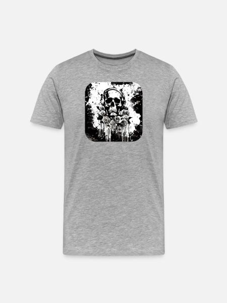 Schädel mit Kopfhörer Rosen - Männer Premium Bio T-Shirt - Grau meliert
