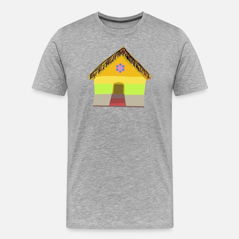 Buntes Dorfhaus mit Strohdach - Männer Premium Bio T-Shirt - Grau meliert