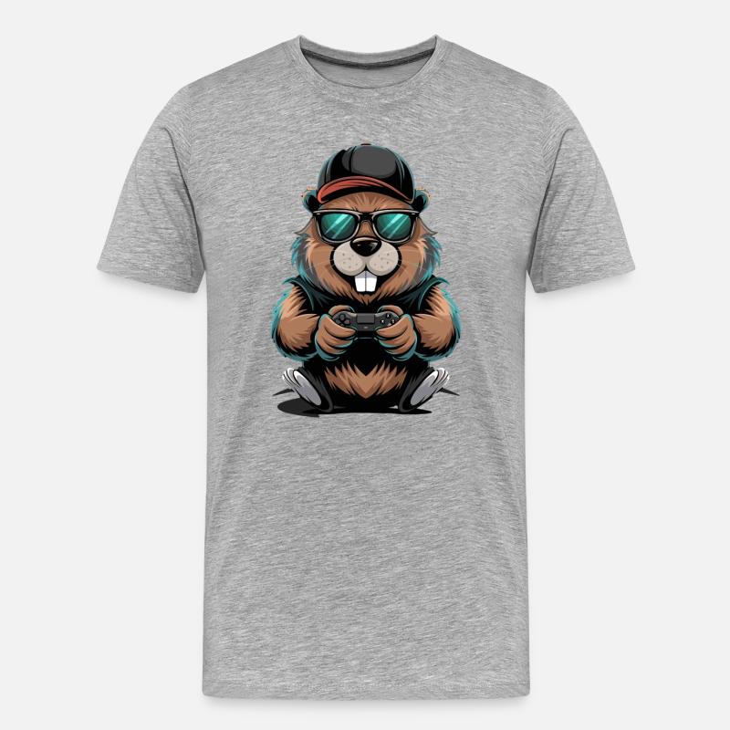  Cooler Gamer Biber Mit Controller Und - Männer Premium Bio T-Shirt - Grau meliert