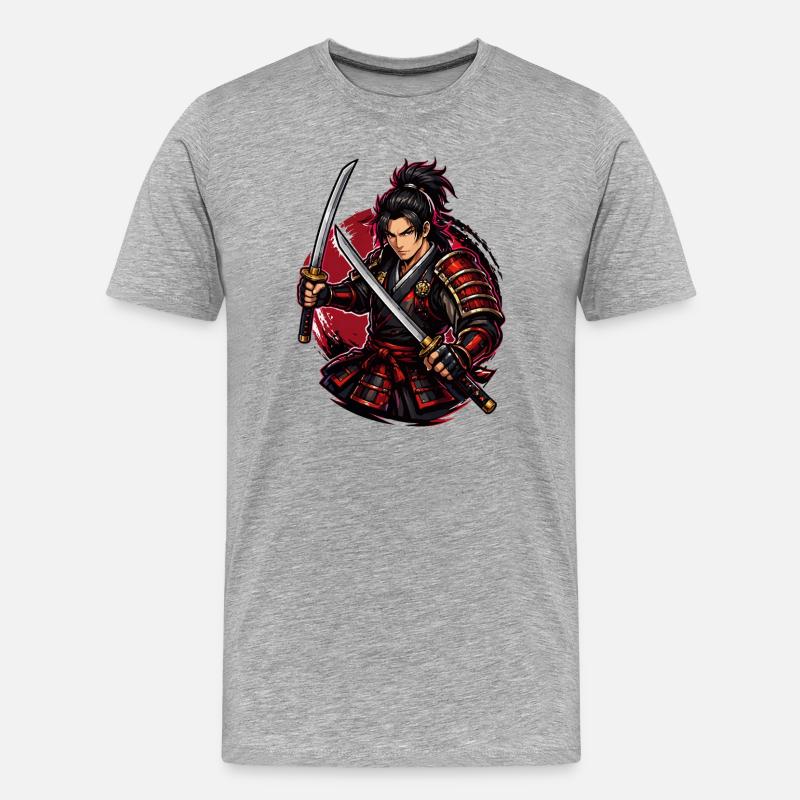 Samurai-Kämpfer in rotem Wirbel - Männer Premium Bio T-Shirt - Grau meliert