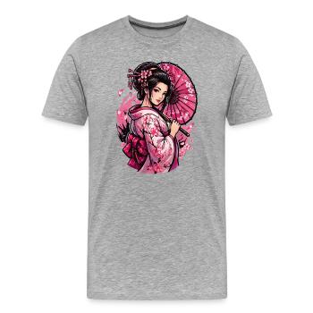 Geisha Kirschblüten Kimono - Männer Premium Bio T-Shirt - Grau meliert - Vorne - Damien (186cm)