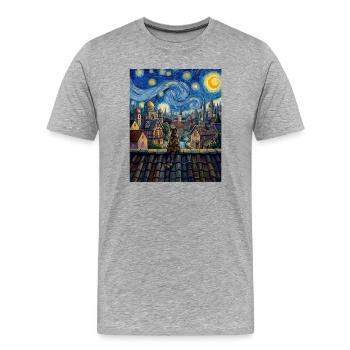 Tabby-Katze Sternennacht-Dorf-Kunst - Männer Premium Bio T-Shirt - Grau meliert - Vorne - Damien (186cm)