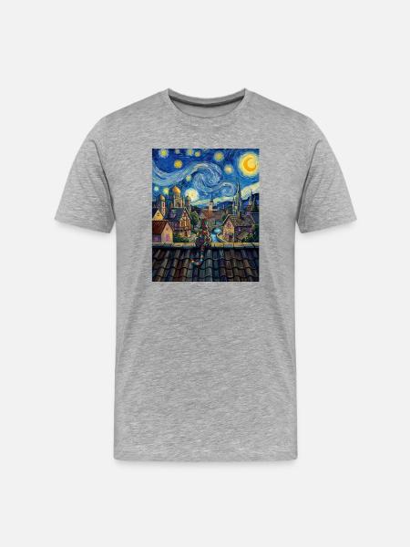 Regenbogenkatze Sternennacht Van Gogh Kunst - Männer Premium Bio T-Shirt - Grau meliert