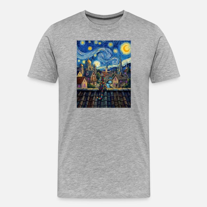Regenbogenkatze Sternennacht Van Gogh Kunst - Männer Premium Bio T-Shirt - Grau meliert