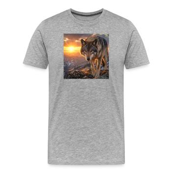 Loup dans la montagne du coucher du soleil - T-shirt bio Premium Homme - gris chiné - Devant - Damien (186cm)