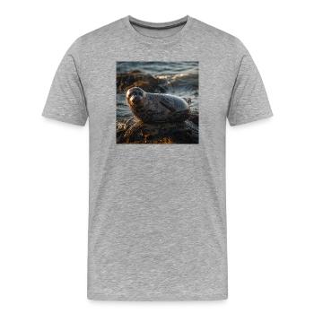 Phoque sur une falaise au bord de la mer - T-shirt bio Premium Homme - gris chiné - Devant - Damien (186cm)