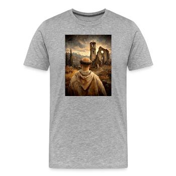 Mönch vor Ruinen bei Sonnenuntergang - Männer Premium Bio T-Shirt - Grau meliert - Vorne - Damien (186cm)