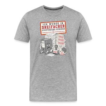 Ich wurde in dreifacher Ausführung geboren - Männer Premium Bio T-Shirt - Grau meliert - Vorne - Damien (186cm)