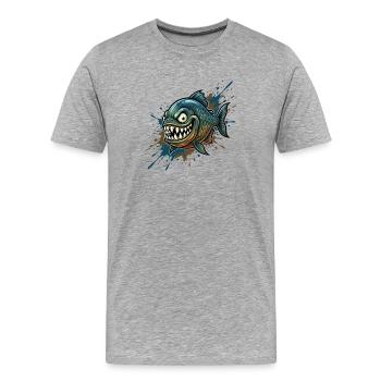 Mutiger Piranha mit Farbspritzern - Männer Premium Bio T-Shirt - Grau meliert - Vorne - Damien (186cm)
