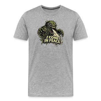 Ich komme in Frieden Alien Monster Shirt - Männer Premium Bio T-Shirt - Grau meliert - Vorne - Damien (186cm)