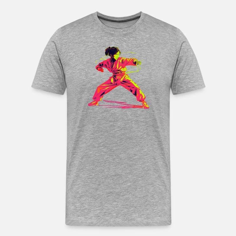 Karate Mädchen Retrowave - Männer Premium Bio T-Shirt - Grau meliert