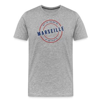 Marseille Coordonnées Géographiques Badge - T-shirt bio Premium Homme - gris chiné - Devant - Damien (186cm)