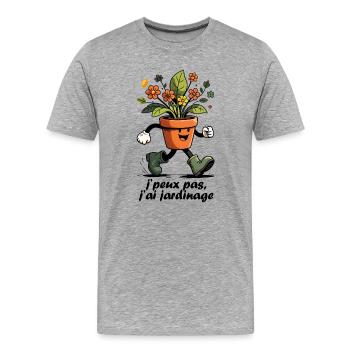 Je peux pas, j’ai Jardinage – Pot de Fleur fun - T-shirt bio Premium Homme - gris chiné - Devant - Damien (186cm)