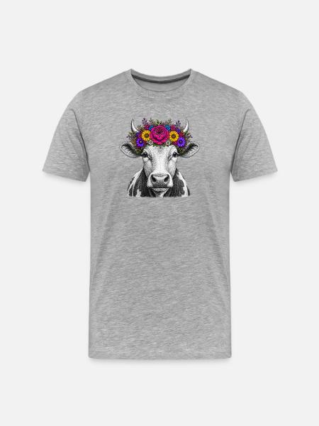 Kuh mit Blumenkrone - Männer Premium Bio T-Shirt - Grau meliert