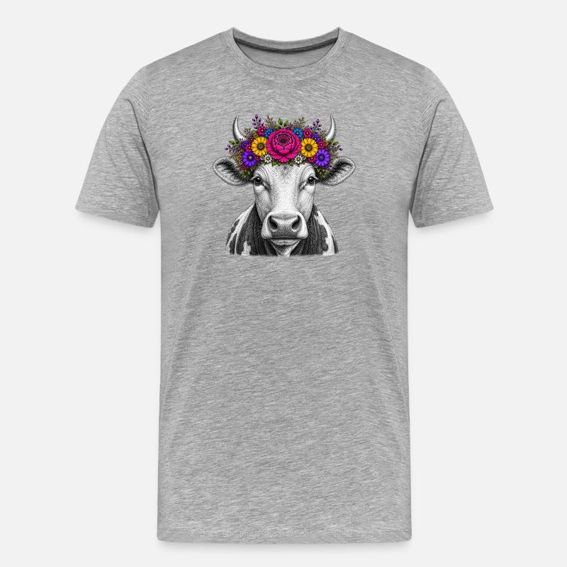 Vache avec couronne de fleurs - T-shirt bio Premium Homme - gris chiné