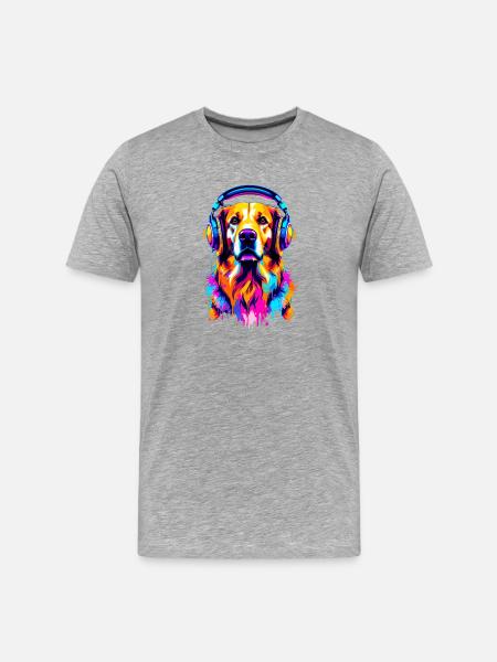 Golden Retriever mit Kopfhörer - Männer Premium Bio T-Shirt - Grau meliert