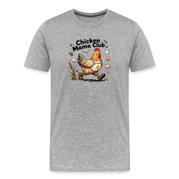 Chicken Mama Club – Poule fermière dynamique - T-shirt bio Premium Homme - gris chiné - Devant - Damien (186cm)
