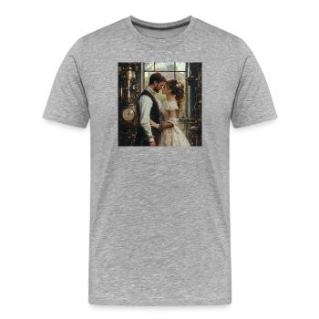 Steampunk Romantik: Liebespaar im Labor - Männer Premium Bio T-Shirt - Grau meliert - Vorne - Damien (186cm)