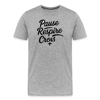 Pause Respire Crois Script - T-shirt bio Premium Homme - gris chiné - Devant - Damien (186cm)