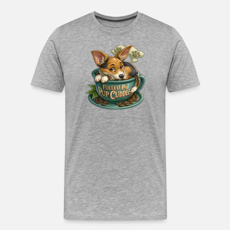 Welpe kuschelt in Kaffeetasse - Männer Premium Bio T-Shirt - Grau meliert