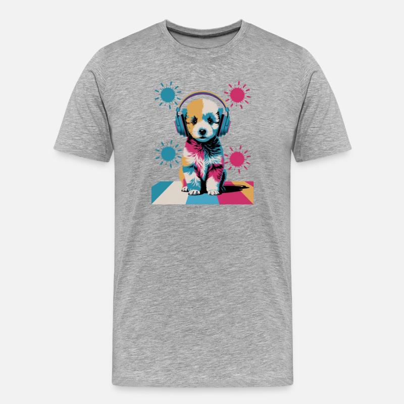 Pudel Welpe mit Kopfhörer - Männer Premium Bio T-Shirt - Grau meliert