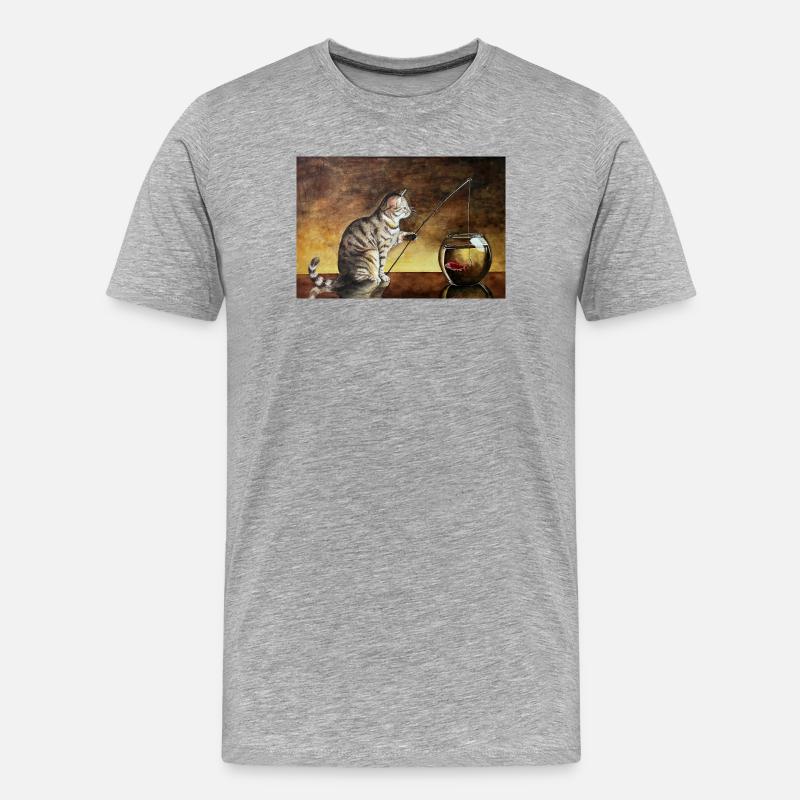 Chat pêcheur et poisson rouge dans le bocal - T-shirt bio Premium Homme - gris chiné