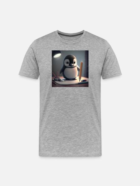 Pinguin Künstler am Tisch - Männer Premium Bio T-Shirt - Grau meliert