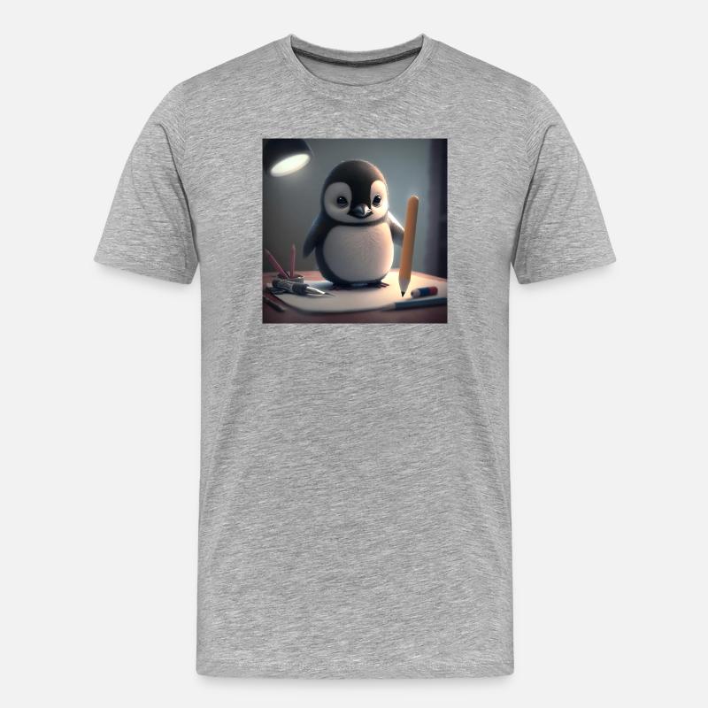 Pinguin Künstler am Tisch - Männer Premium Bio T-Shirt - Grau meliert