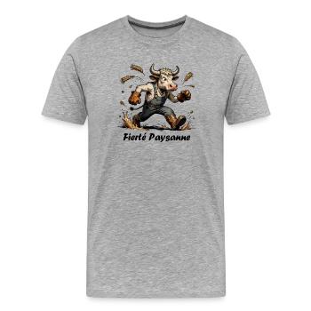 Fierté Paysanne, vache en salopette et botte - T-shirt bio Premium Homme - gris chiné - Devant - Damien (186cm)