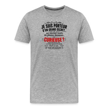 Curieuse ? Grand secret dévoilé (Célibataire) - T-shirt bio Premium Homme - gris chiné - Devant - Damien (186cm)