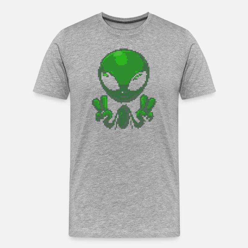 Pixel grünes Alien-Friedenszeichen - Männer Premium Bio T-Shirt - Grau meliert