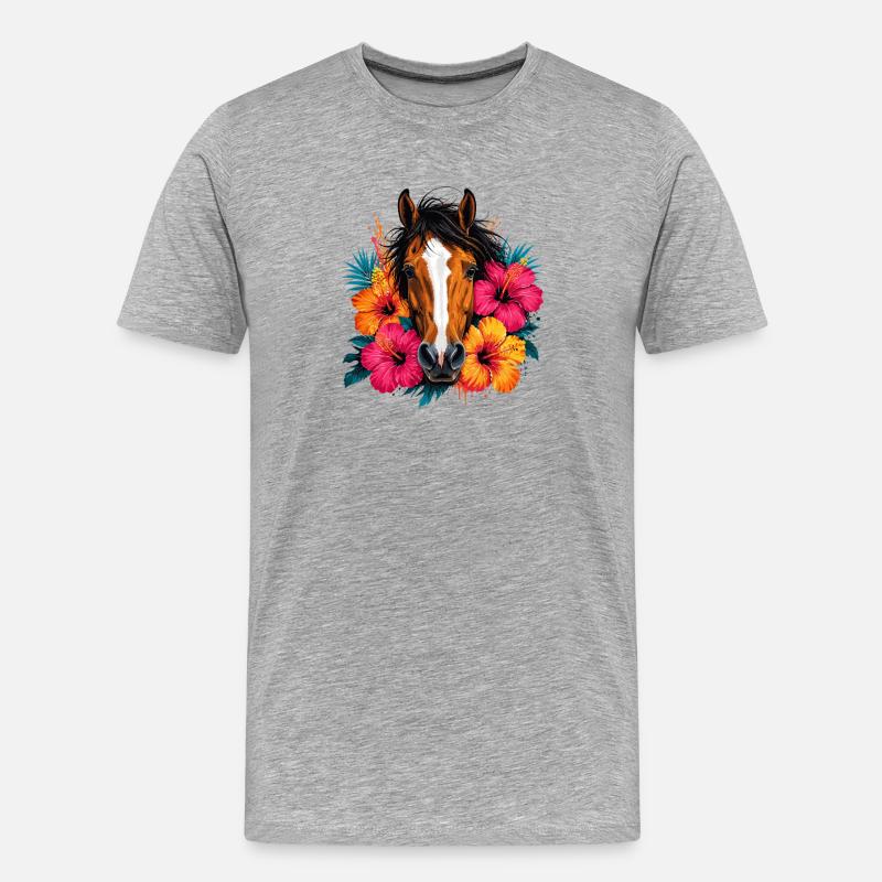Pferd mit tropischen Blüten - Männer Premium Bio T-Shirt - Grau meliert