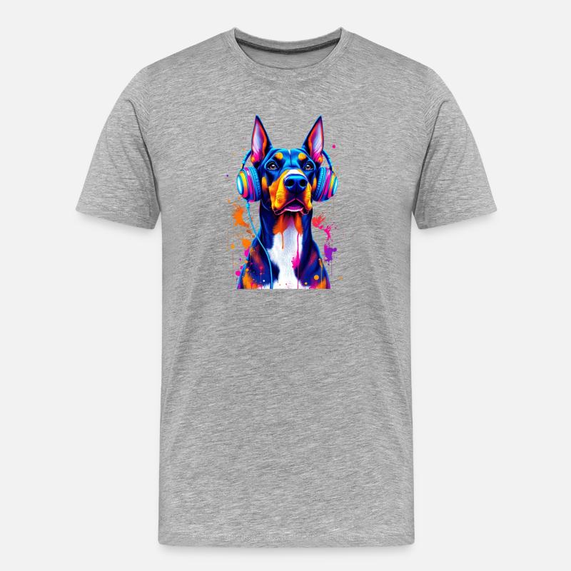 Dobermann mit Kopfhörern - Männer Premium Bio T-Shirt - Grau meliert