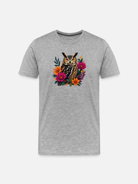 Waldkauz im Blütenkranz - Männer Premium Bio T-Shirt - Grau meliert