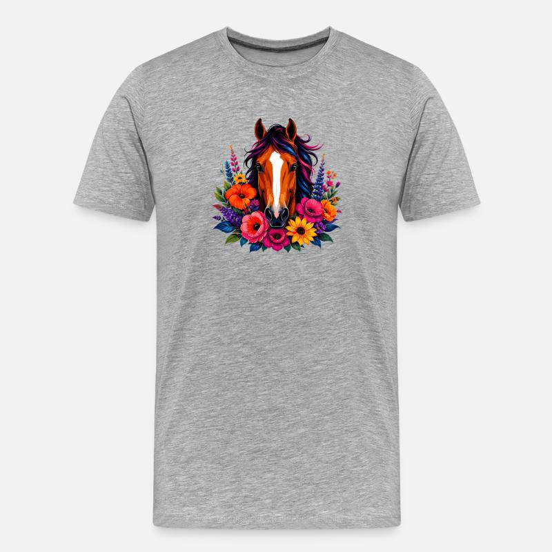 Pferd mit Blütenkranz - Männer Premium Bio T-Shirt - Grau meliert