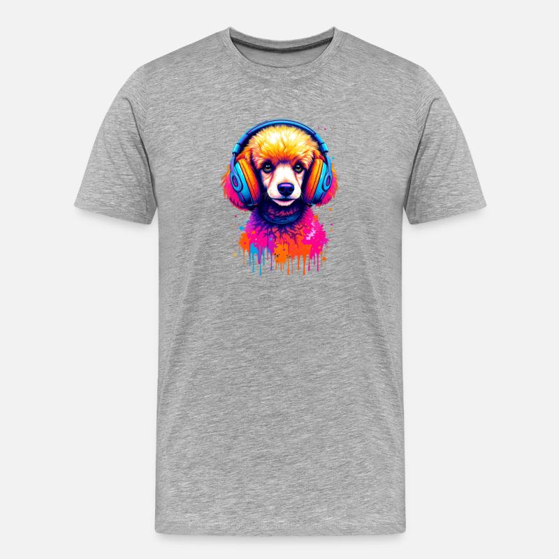 Pudel mit Kopfhörer - Männer Premium Bio T-Shirt - Grau meliert