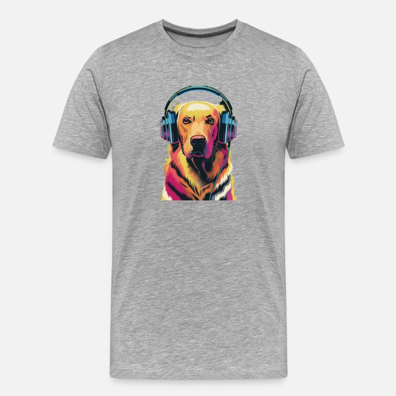 Golden Retriever mit Kopfhörern - Männer Premium Bio T-Shirt - Grau meliert