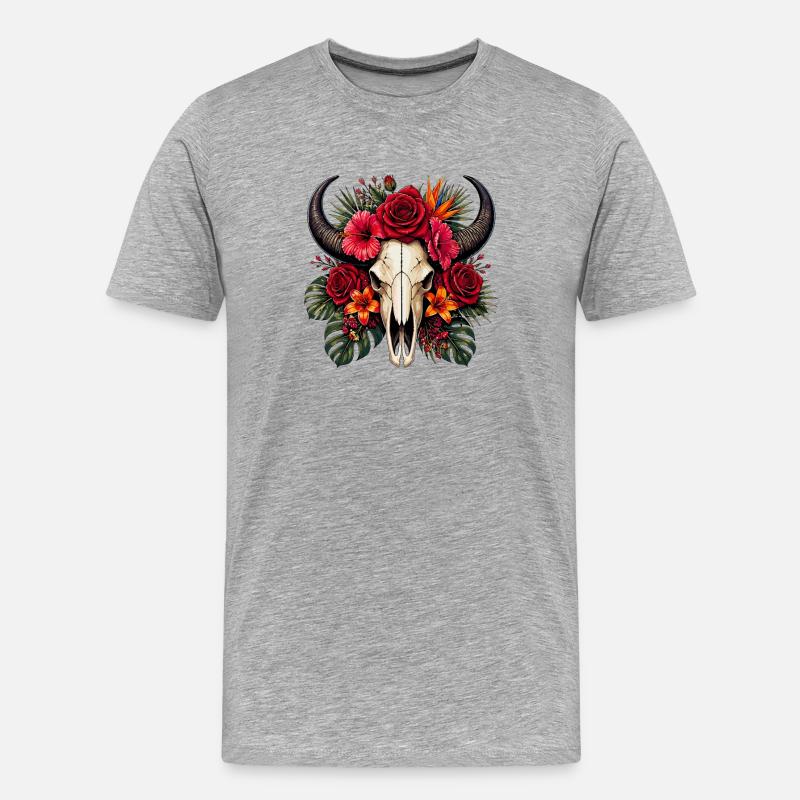 Blumen-Schädel mit Hörnern - Männer Premium Bio T-Shirt - Grau meliert