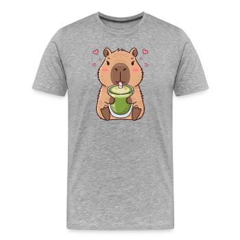 Cute Kawaii Capybara Drinking Matcha Tea Latte - Men's Premium Organic T-Shirt - heather grey - Front - Damien (186cm)