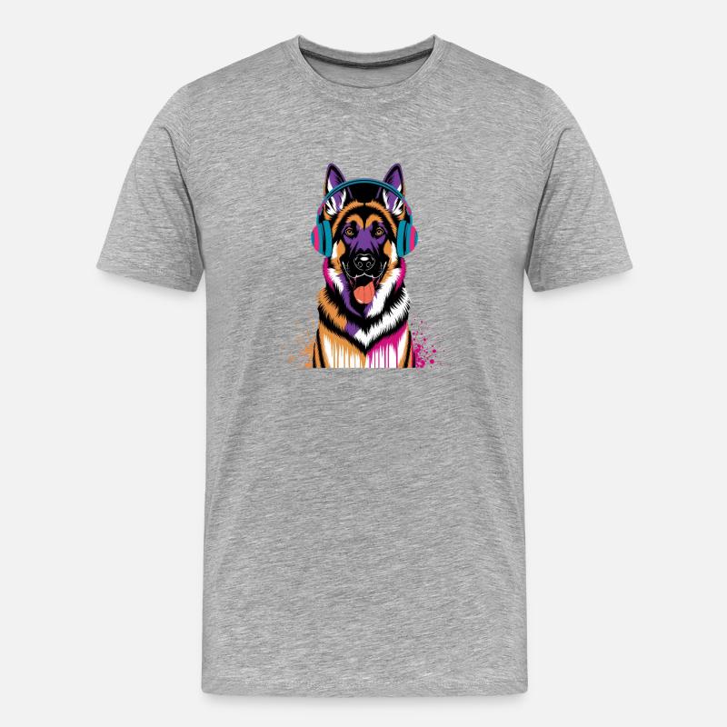 Deutscher Schäferhund mit Kopfhörer - Männer Premium Bio T-Shirt - Grau meliert