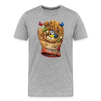 Nest im Handschuh mit Vogel und Blumen - Männer Premium Bio T-Shirt - Grau meliert - Vorne - Damien (186cm)