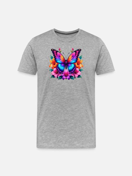 Bunter Schmetterling mit Blumen - Männer Premium Bio T-Shirt - Grau meliert