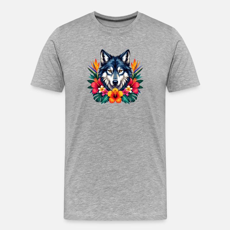 Wolfskopf mit Tropenblumen - Männer Premium Bio T-Shirt - Grau meliert