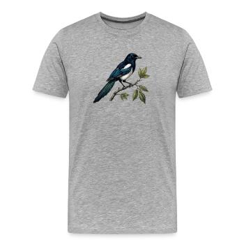 Elster "Pica pica" — ornithologische Gravur - Männer Premium Bio T-Shirt - Grau meliert - Vorne - Damien (186cm)