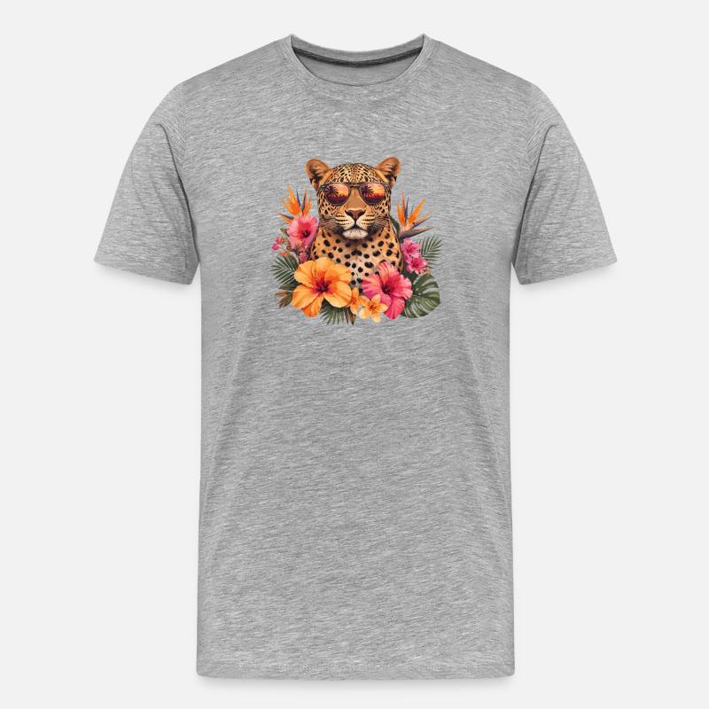 Leopardensonnenbrille mit Blumen - Männer Premium Bio T-Shirt - Grau meliert