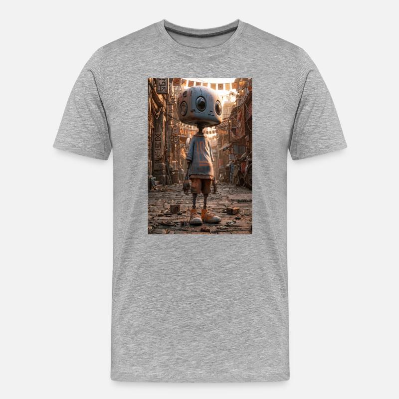 Rostiger Roboter im Neon-Basar - Männer Premium Bio T-Shirt - Grau meliert