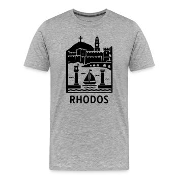 Rhodos Silhouette Wahrzeichen - Männer Premium Bio T-Shirt - Grau meliert - Vorne - Damien (186cm)