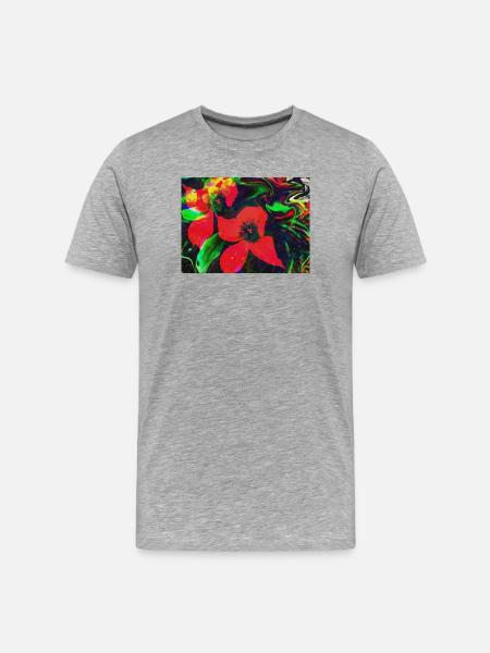 Neonrote Blüten im Farbwirbel - Männer Premium Bio T-Shirt - Grau meliert