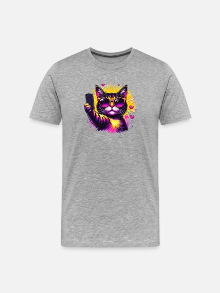 Cat Selfie Neon Sunglasses - Men's Premium Organic T-Shirt - heather grey